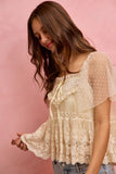 Bohemian Lace Trim Mesh Dot Blouse