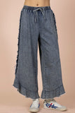 Ruffled Frayed Hem Chambray Pants