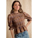 Autumn Plaid Smocked Peplum Blouse