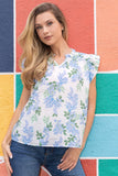 Blue Floral Print Blouse With Ruffle Cap Sleeves