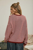 Button Henley Stripe Long Sleeve Drop Shoulder Sweater
