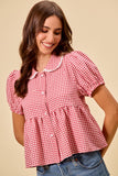 Check Front Button Short Puff Sleeves Blouse Top