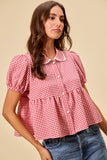 Check Front Button Short Puff Sleeves Blouse Top