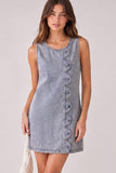 Button Front Scalloped Denim Mini Dress