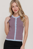 Sleeveless Striped Button Front Sweater