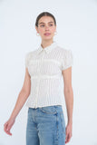 Stripe Collared Gathered Lace Bust Detail Top