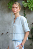 Washed Denim Split Neck Top