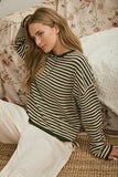 Button Henley Stripe Long Sleeve Drop Shoulder Sweater