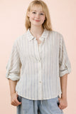 Plus Size Roll Up Half Sleeve Stripe Shirt Top