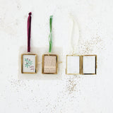 Brass & Glass Photo Frame Ornament W Velvet Ribbon Hanger, 3 Styles