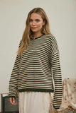 Button Henley Stripe Long Sleeve Drop Shoulder Sweater