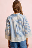 Eyelet Lace Hem Quarter Sleeves Stripes Shirt Top