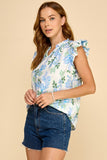 Blue Floral Print Blouse With Ruffle Cap Sleeves