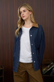 Striped Corduroy Collar Denim Shacket