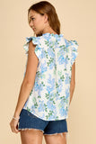 Blue Floral Print Blouse With Ruffle Cap Sleeves