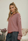 Button Henley Stripe Long Sleeve Drop Shoulder Sweater