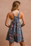 Flower Print Washed Denim Wide Leg Shortalls