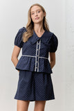 Polka Dot V Neck Collar Button Up Top