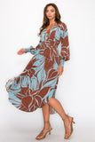 Leaf Print Long Sleeve Maxi Dress in Brown