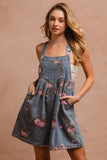 Flower Print Washed Denim Wide Leg Shortalls