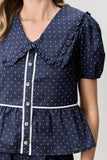 Polka Dot V Neck Collar Button Up Top