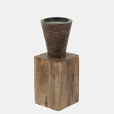 Geometric Wood Candle Holder, Brown - 10"