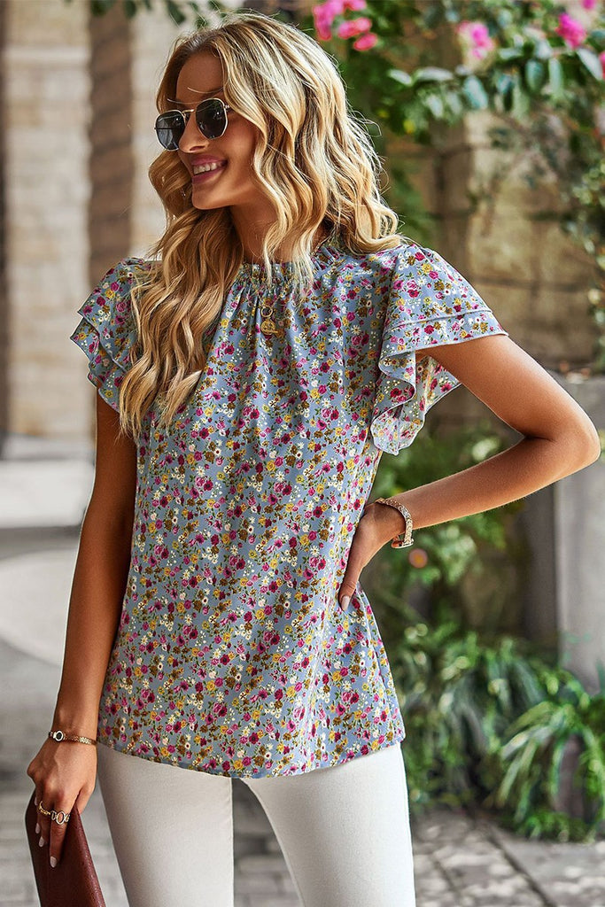 Ruffled Short Sleeve Casual Floral Top