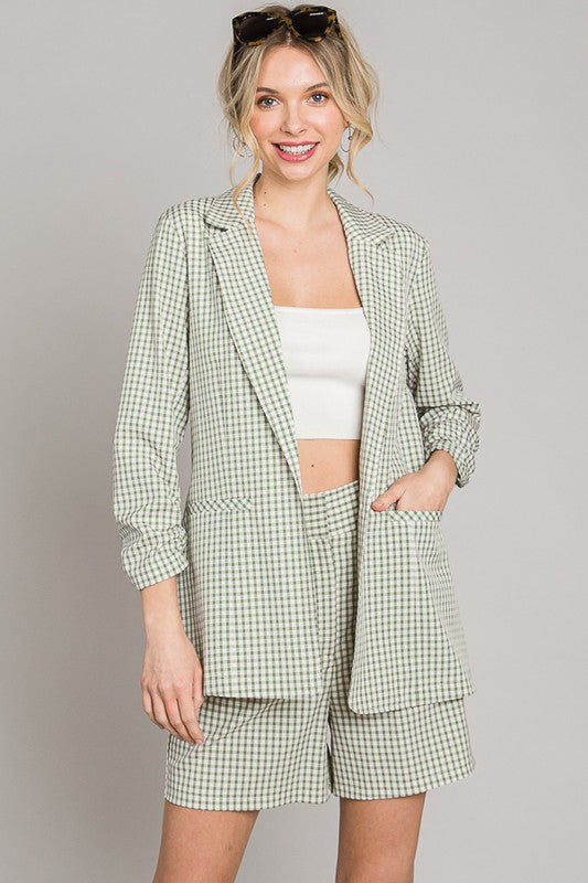 Grid Check Ruched Sleeve Jacket