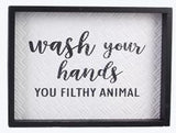 Wood Framed Bathroom  Humor Signs on Basket Weave Background