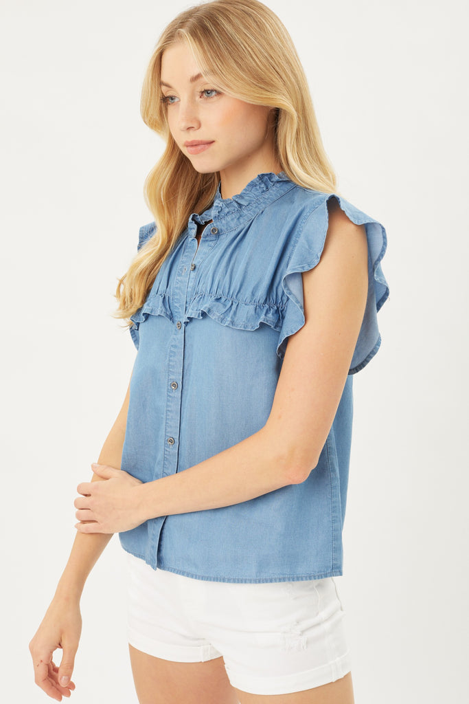 Woven Solid Ruffle Neck Button Front Blouse