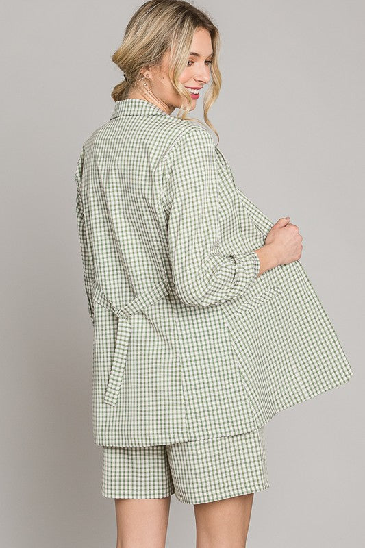 Grid Check Ruched Sleeve Jacket