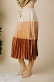 Color Block Pleated Satin Midi Skirt